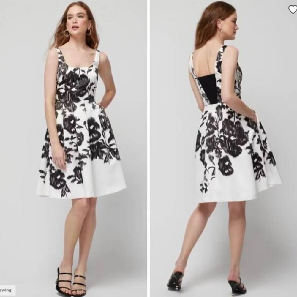 White House Black Market Black and White Floral Fit-and-Flare Midi Dress, Size 4